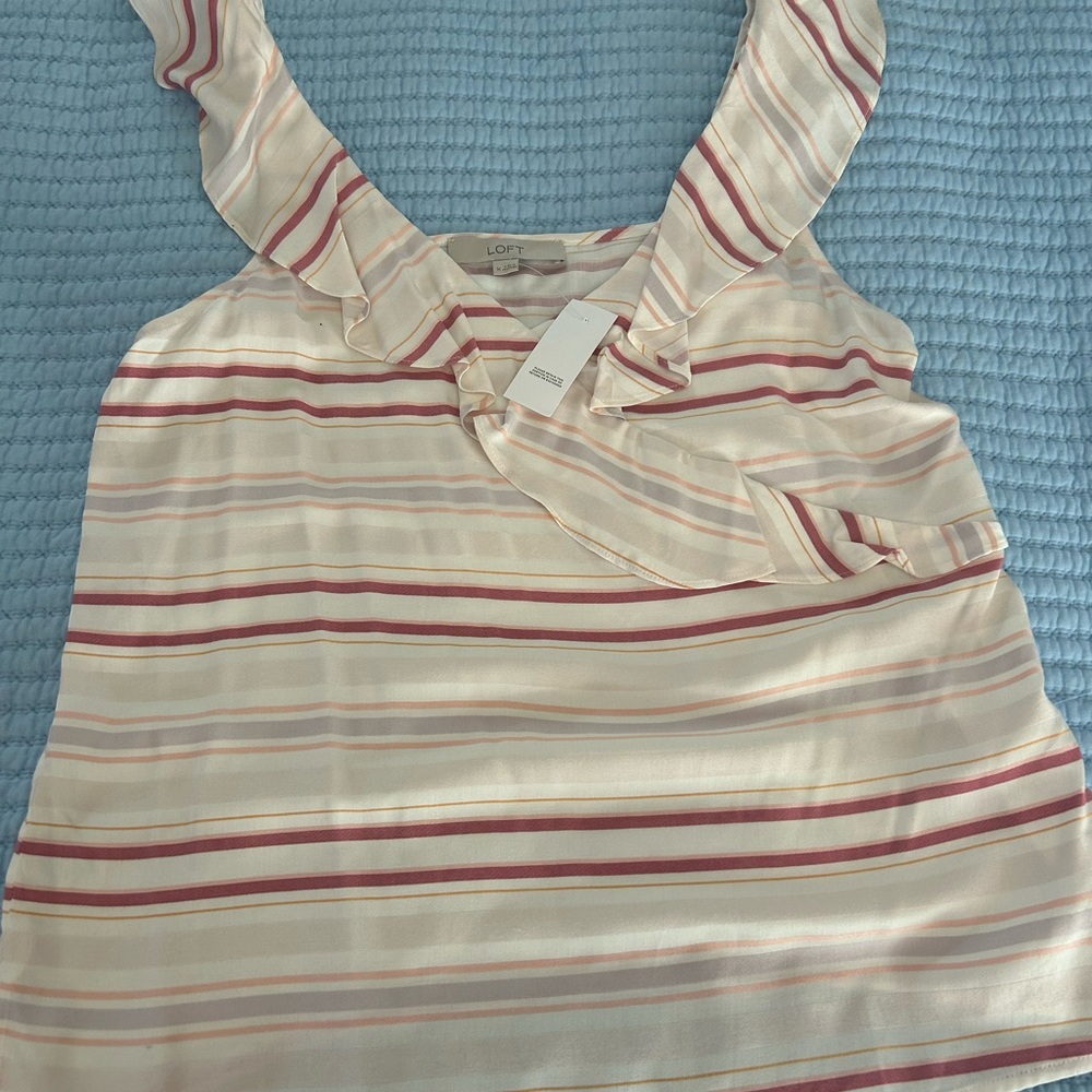 LOFT Cream and Pink Striped Ruffle Tank Top